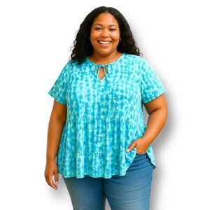 Terra & Sky Blue Tie Dye Tiered Peplum‎ Blouse Tiered Cotton Boho Cottagecore 3X